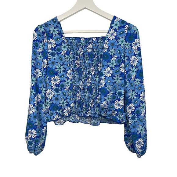 Amy Byer Girls 16 Blue Floral Boho Peasant Long Sleeve Blouse Top - Picture 2 of 6
